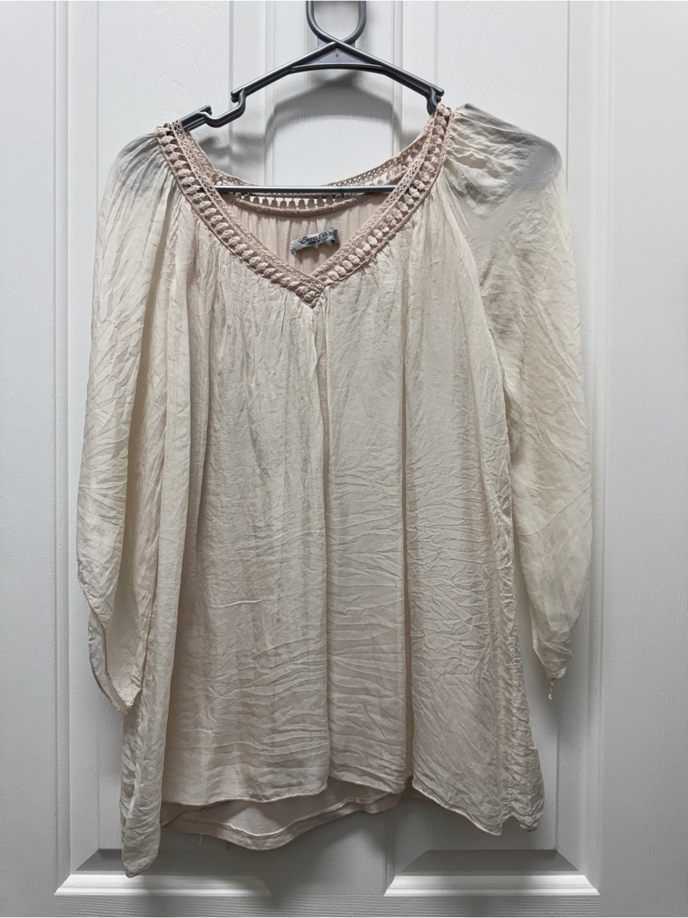 Light Cream Boho V-Neck Women's Top with Crochet Trim